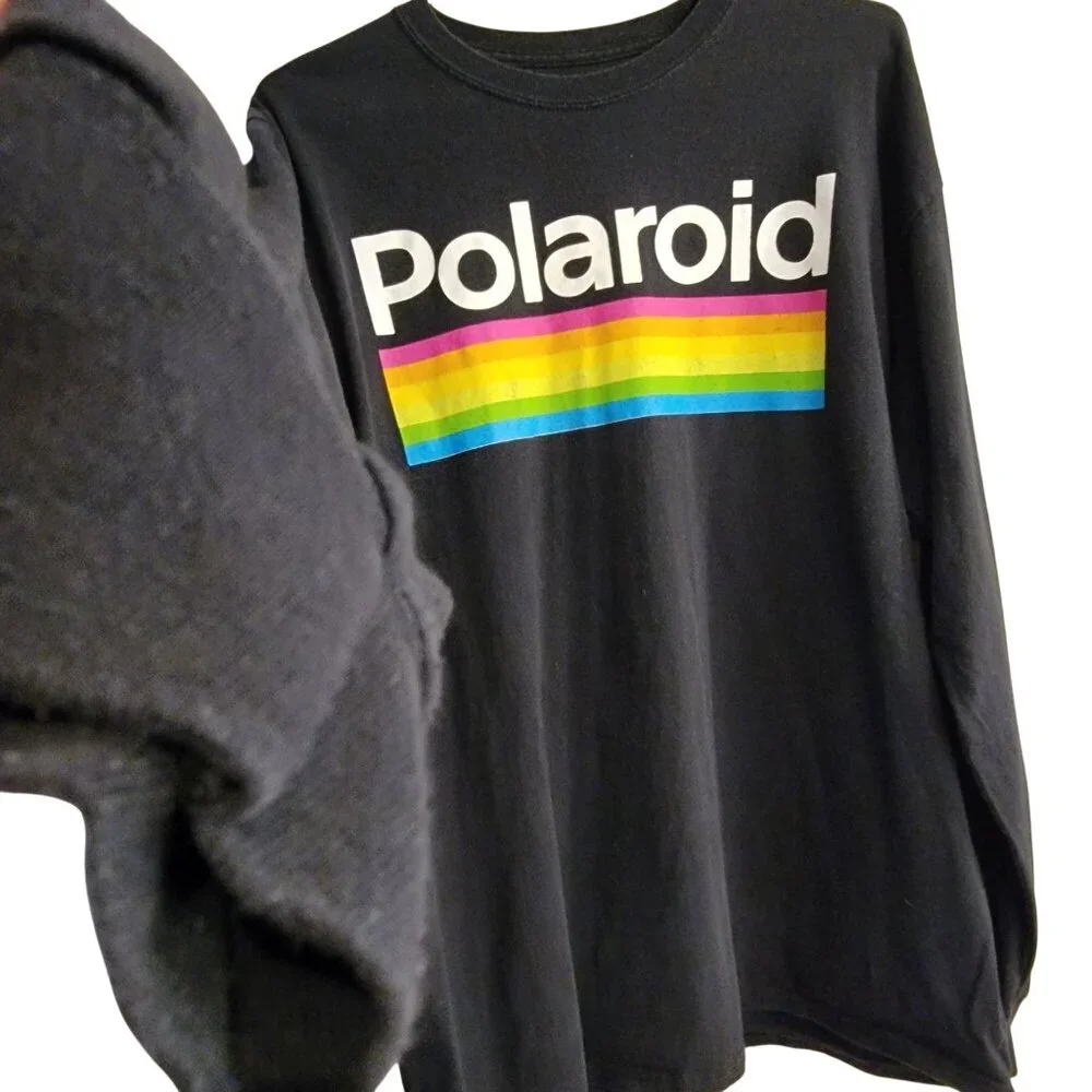 Polaroid Long Sleeve Graphic Tee With Rainbow Stripes On Back & Sleeves - 4X - Picture 2 of 16